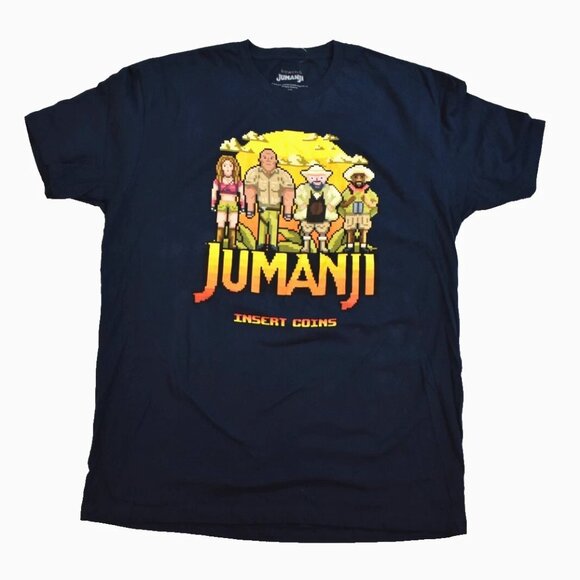 Box Lunch Jumanji Mens Arcade Game Start Screen 8-Bit Navy Blue Shirt New XL - Picture 1 of 4